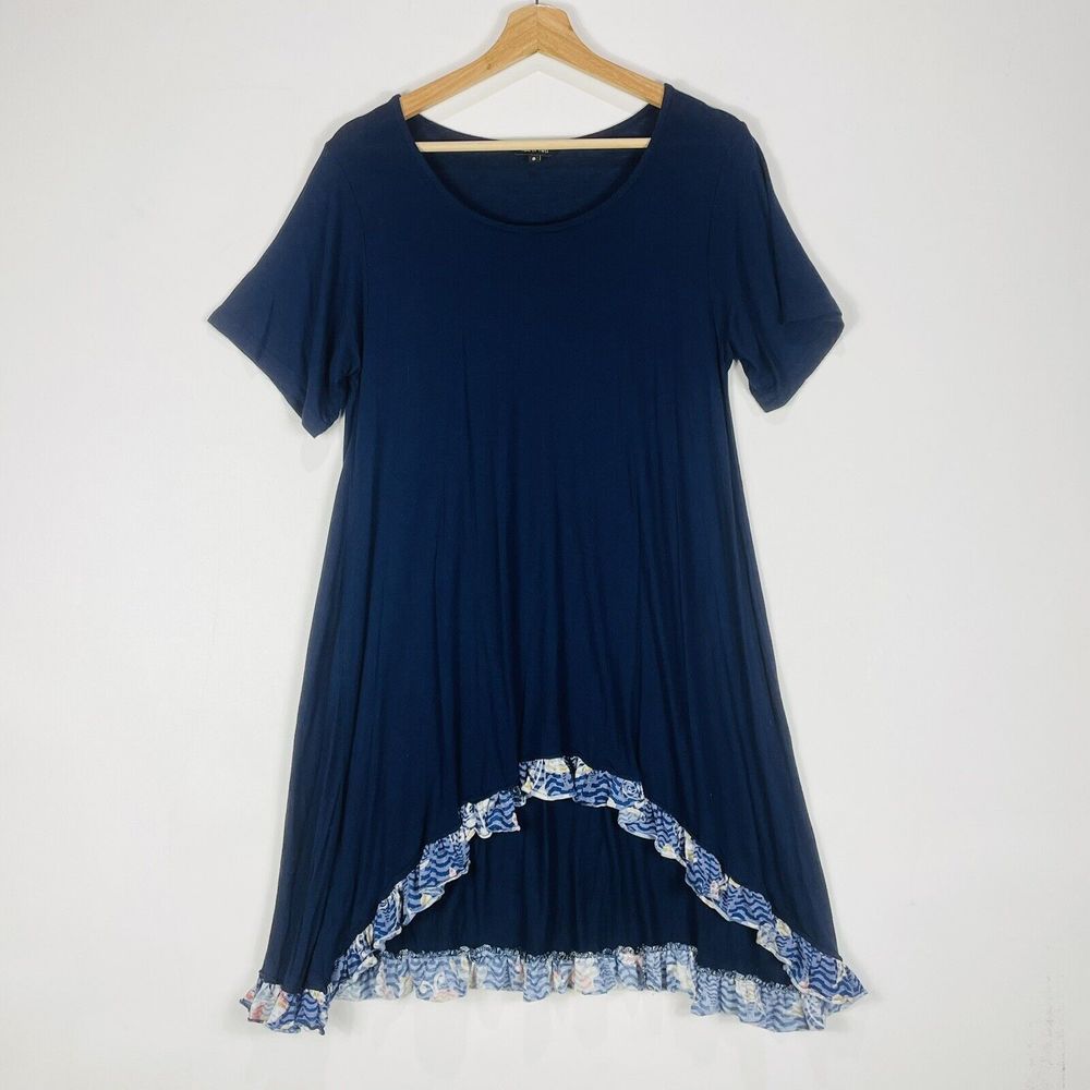 Yak & Yeti Mini Dress Womens Small Navy Blue Ruffle High Low Boho Coastal‎